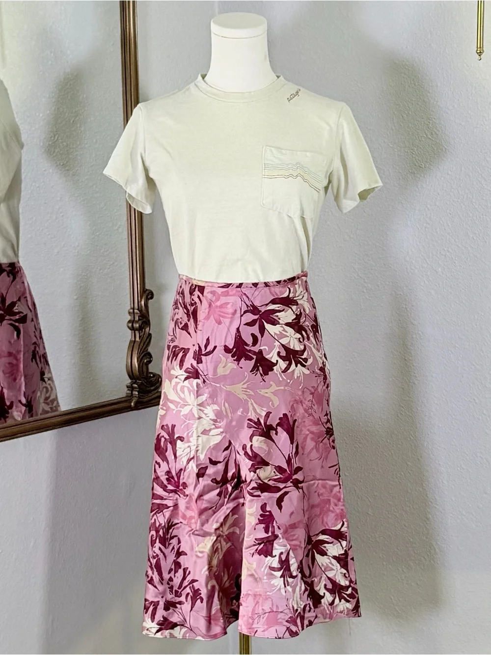 90s 100% Silk Floral Midi Skirt 8P Fairycore Cottagecore Ruffle Pink Coquette